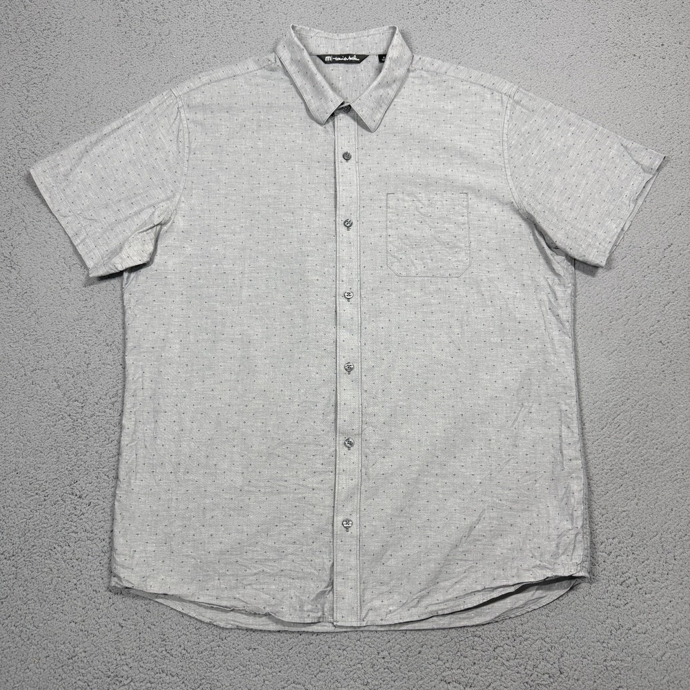 Travis Mathew Shirt Mens XL Gray Geometric Short Sleeve Button Up Woven Casual